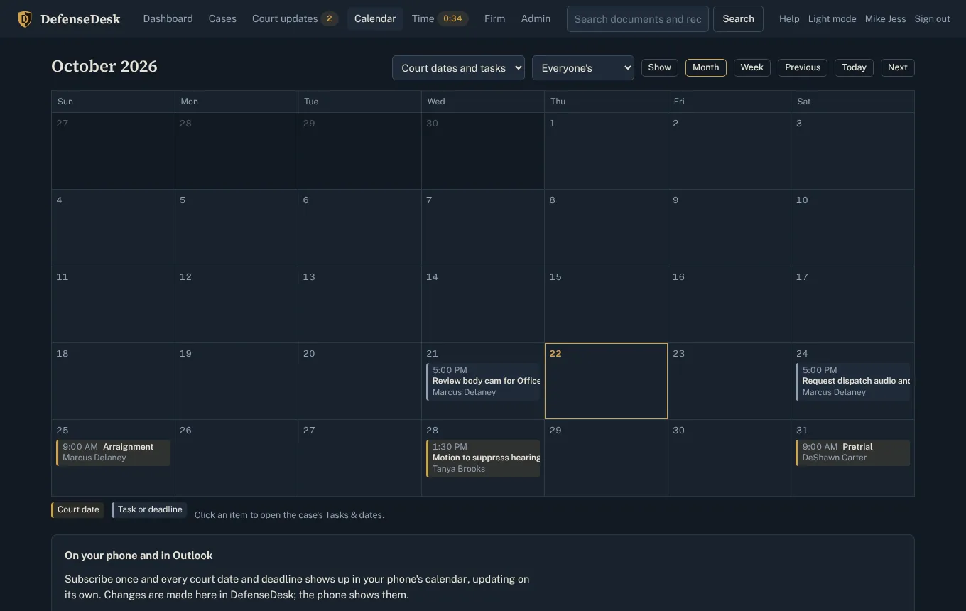 A month calendar of court dates and deadlines across cases