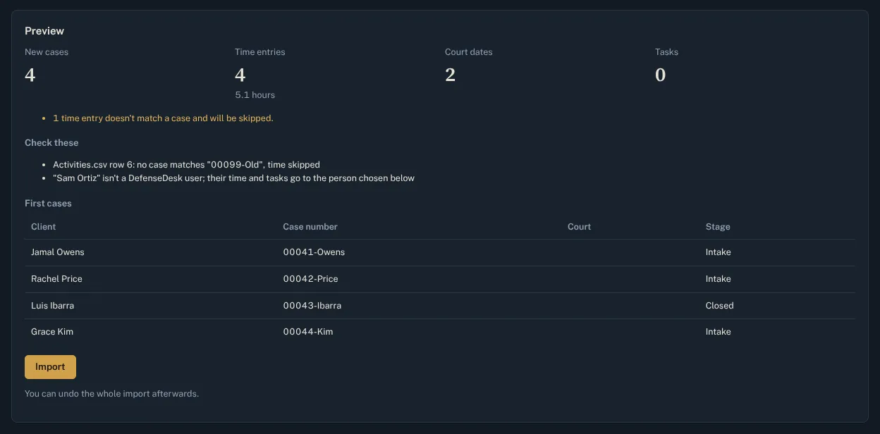 An import preview showing columns matched and the cases, time and court dates that will be created